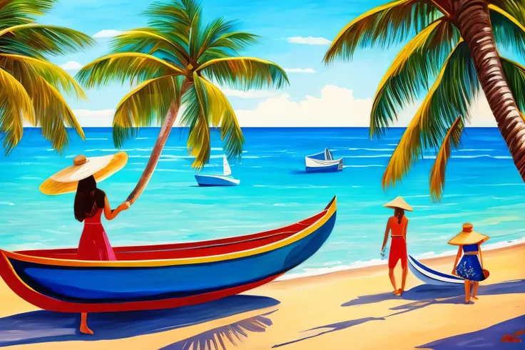 painting of women on the beach, sunny, boats, coconut tree, modern art