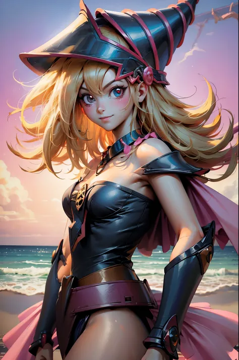 Crea el hermoso rostro de dark magician gils. Ojos azules. Labios rosados. Tes blanca. Cabello rubio. girl smile. Hombros destapados y en bikini. Collar en el cuello. Rostro de dark magician gils . En bikini. Pose sensual y inocente 