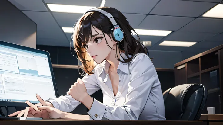 A beautiful businesswoman working at her desk in a high-rise building, concentrating on her work while wearing headphones and facing the display　It&#39;s raining outside　Japanese anime style