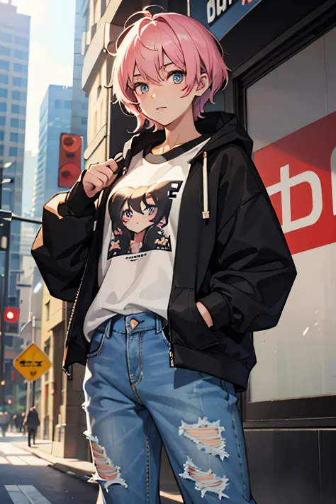 Transgender girl. A girl that looks like a boy because she was born a male. She has a flat chest. She is wearing and oversized sweatshirt and jeans