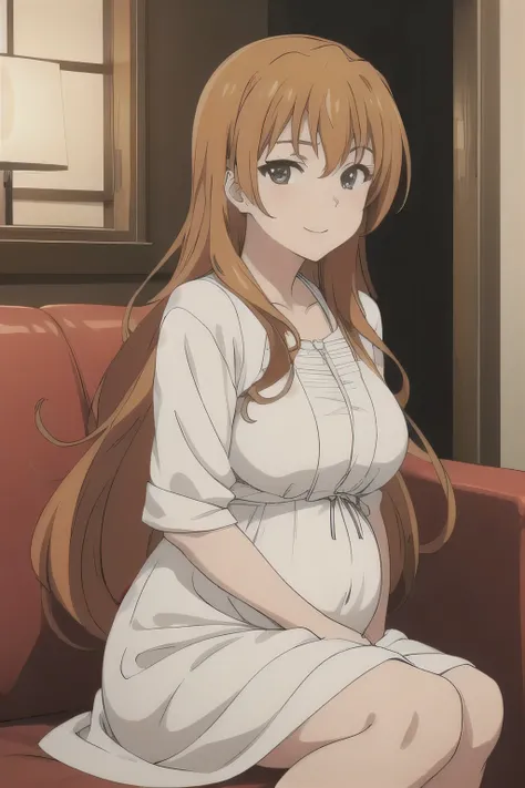 (best quality), (masterpiece), kouko_kaga, dark orange hair, dark eyes, long hair, white dress, looking at viewer, smiling, living room, sunny, sitting, pregnant
