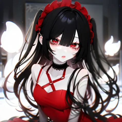 Black hairs,Half-length statue of a girl,k hd,4K,face expressionless,style of anime,sideface,white backgrounid,red eyes, red dress