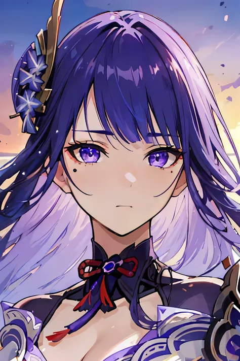a beautiful Ei ((The Raiden Shogun)) with long purple dark hair wearing a revealing blue and white bikini, detailed face and purple clear eyes, posing on a beach with ocean waves in the background, dramatic lighting, photorealistic, highly detailed, 8k, be...