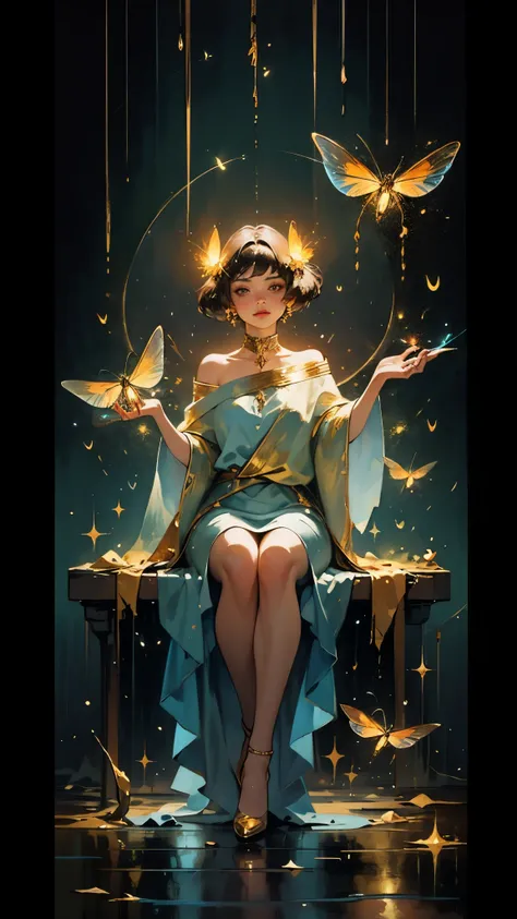 Three-dimensional oil painting on a rough canvas in the complex technique of a palette knife and wide smears patterns. digital painting Portrait of a lovely young woman with hands transforming Magic Fireflies, Translucent golden little Fireflies fly out of...