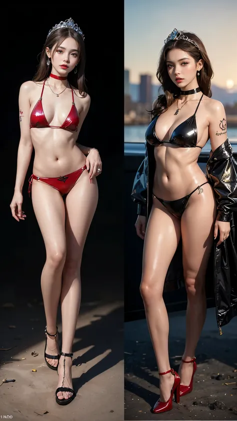 ((masterpiece:1.4)、(highest quality:1.4)、(Realistic:1.7))、Masterpiece:1.4、Super Beautiful Queen of Mars、((1 Girl:1.4))、Shiny natural skin texture、(High Grade Red Latex Bikini:1.4)、(Shiny luxury latex:1.4)、(Luxury Red Latex:1.4)、19 years old、(Cute Tattoos:1...