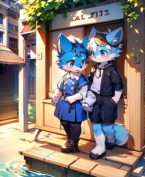 Two people in blue fur, Canine, fox motif, Couple of girls and boys, uniform、Hand in hand，