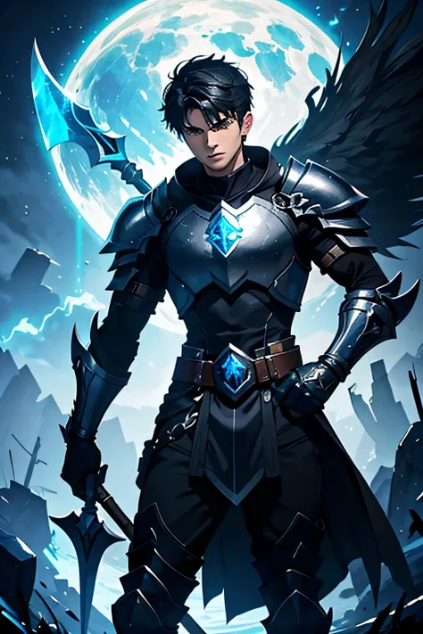 Sixteen-year-old man, muscular, wearing full black armor, with a halberd on his back, a big axe in one hand, a shield in the other, and a blue grimoire with golden strokes floating on the side, held by a magical hand.