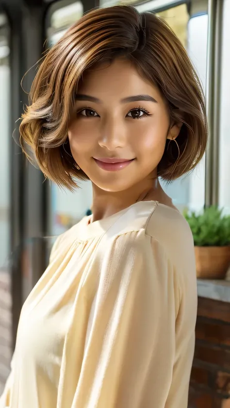 Beige blouse,Bob Hair