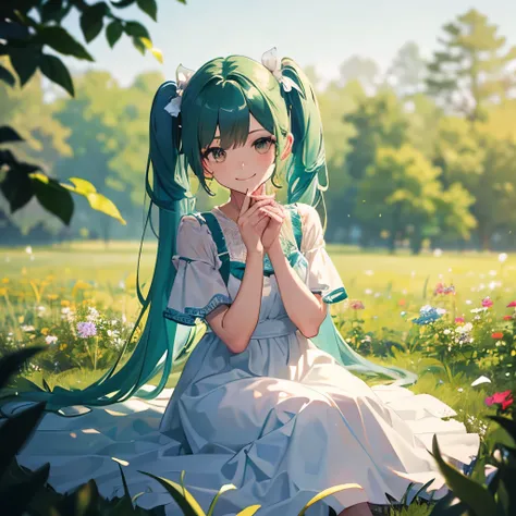 (masterpiece, best quality),1girl, (long teal hair), (twintails), (white eyes), sitting in a field of green plants and flowers, her hand under her chin, warm lighting, white dress, blurry foreground, detailed, smilling, ((teal hair))