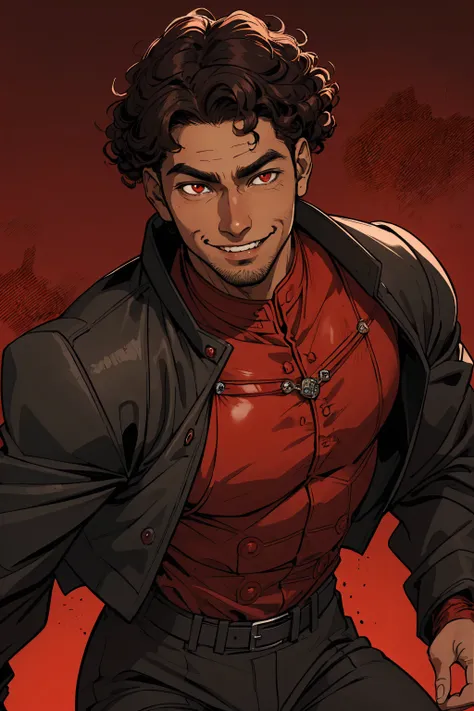 brown man, curly, medium hair, red eyes, black military jacket, baggy, smiling, masculine, robust, red background, science fiction, fantasy, malicious smile, in the style of Kentaro Miura