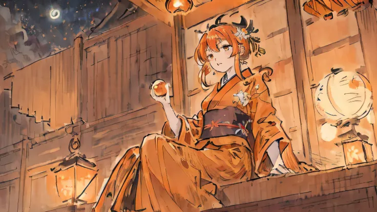 (((masterpiece,highest quality))),1 Female,((Super detailed orange hair girl)),yukata,Sitting,Night Sky,moon,Veranda,Fantasy,romantic,Calm,nebula,wind chimes,Close-up