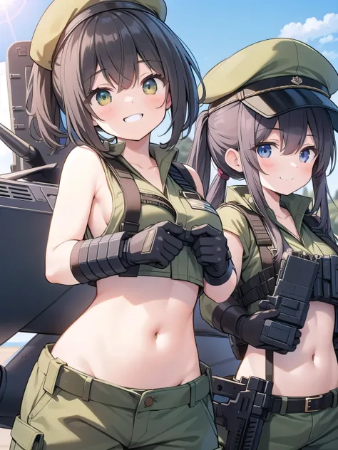 Special Forces Girls,during war,Grinning face,topless,belly button,aircraft carrier,Inward-curling ponytail,hat