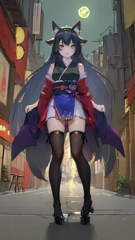 ((Masterpiece: 1.5), High resolution: 1.3), A girl like a fox, Slim and agile,  Japanese big city background, Lights and lighting, Focus on girl with shine and shadow effects caused by illuminated aura, (long、Silky Hair: 0.8), Under the moonlit streets, (B...
