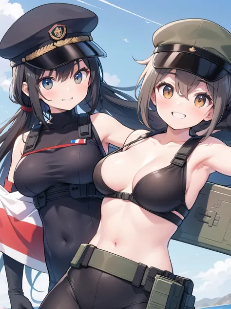 Special Forces Girls,during war,Grinning face,topless,belly button,aircraft carrier,Inward-curling ponytail,hat,United States Flag,Japanese flag,Soviet flag