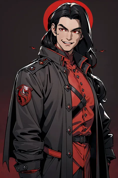 a man with long black hair, vampire, red eyes, wearing a black military jacket, masculine, robust, smiling maliciously, (best quality,4k,8k,highres,masterpiece:1.2),ultra-detailed), science fiction, fantasy, red background, in the style of Kentaro Miura