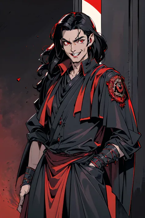 a man with long black hair, vampire, red eyes, wearing a black military jacket, masculine, robust, smiling maliciously, (best quality,4k,8k,highres,masterpiece:1.2),ultra-detailed), science fiction, fantasy, red background, in the style of Kentaro Miura, l...