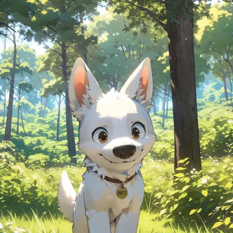 bolt the dog,master piecehigh quality,forest,perfect background,cute,smile,