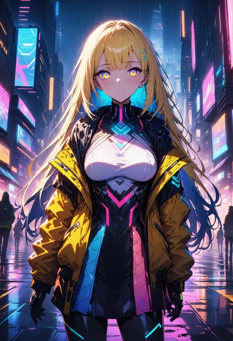 night, Colorful cyberpunk city background, rain, street, very long hair, blonde hair, blue hair highlights, red bangs, yellow bangs, shining eyes, (multicolored eyes:1.5), blue eyes, yellow eyes, large breasts, colorful (white jacket:1.5), futuristic jacke...