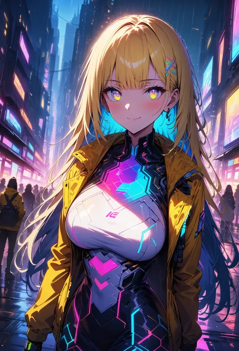 night, Colorful cyberpunk city background, rain, street, very long hair, blonde hair, blue hair highlights, red bangs, yellow bangs, shining eyes, (multicolored eyes:1.5), blue eyes, yellow eyes, large breasts, colorful (white jacket:1.5), futuristic jacke...