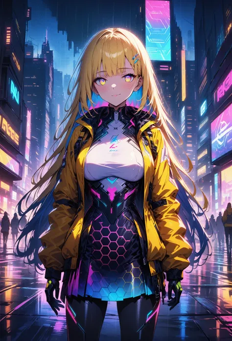 night, Colorful cyberpunk city background, rain, street, very long hair, blonde hair, blue hair highlights, red bangs, yellow bangs, shining eyes, (multicolored eyes:1.5), blue eyes, yellow eyes, large breasts, colorful (white jacket:1.5), futuristic jacke...