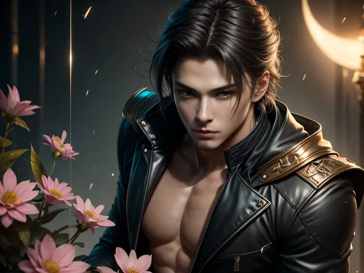 (Best Quality, 8K, Masterpiece, HDR, Soft Lighting, Picture Perfect, Realistic, Vivid), Nine Tails of a Black Fox (1.0), Tail of a Black Fox (1.0), Nine-Tailed Fox, Anime Guy with Black Hair and Blue Suit Sexy open leather suit, naked torso with developed ...