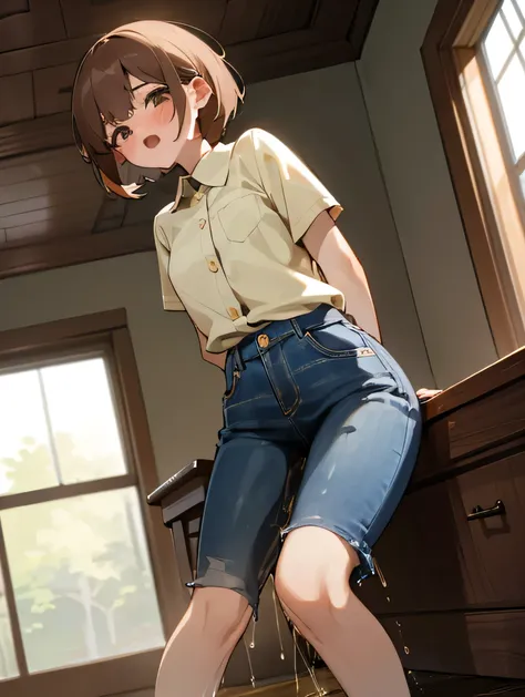 Masterpiece、high resolution、female、Adult women、Twenty years old、Short-sleeved shirt with white collar and buttons、Shorts、Wet jeans、Dirty pants、((Brown shorthair))、((Peeing))、(((Pee)))、((A lot of pee))、Im in trouble、Embarrassing、Trouble、cry、Trembling、Blushi...