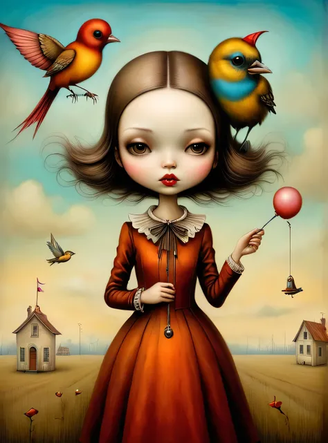 GTA-style artwork in the style of esao andrews,esao andrews style,esao andrews art,esao andrewsa girl with a bird in her hand, anton semenov, benjamin lacombe, mark ryden style, pop surrealism, lowbrow pop surrealism, style of mark ryden, dark surreal art,...