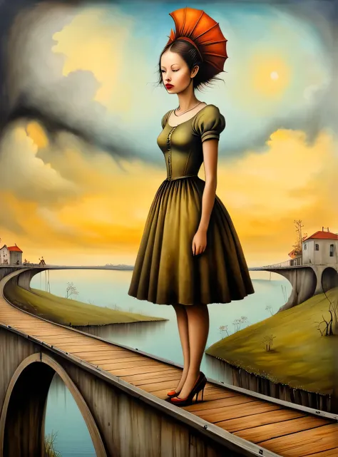 Hyperrealistic art in the style of esao andrews,esao andrews style,esao andrews art,esao andrewsa painting of a girl standing on a bridge, surrealist painting, a surrealist painting, surreal oil on canvas, surrealist oil painting, surrealism oil on canvas,...