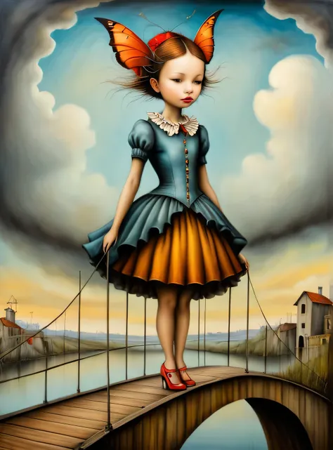 Hyperrealistic art in the style of esao andrews,esao andrews style,esao andrews art,esao andrewsa painting of a girl standing on a bridge, surrealist painting, a surrealist painting, surreal oil on canvas, surrealist oil painting, surrealism oil on canvas,...