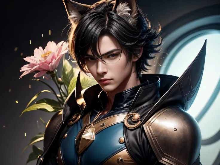 (Best Quality, 8K, Masterpiece, HDR, Soft Lighting, Picture Perfect, Realistic, Vivid), Nine Tails of a Black Fox (1.0), Tail of a Black Fox (1.0), Nine-Tailed Fox, Guy Fox with Black Hair, Fox ears and Blue Suit Sexy open leather suit, naked torso with de...