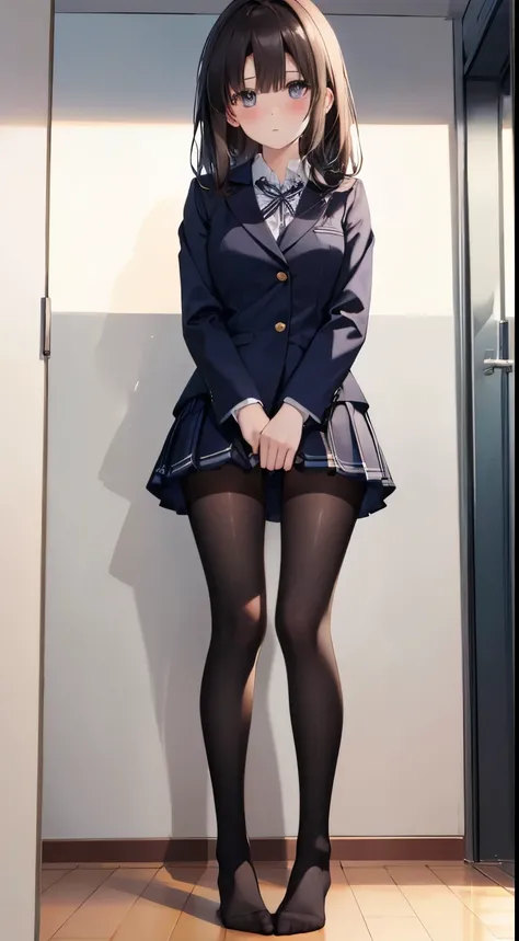 finest, masterpiece, High resolution, (Full body view from head to toe), Composition from slightly below the front, Symmetrical, 18 years old, slim and beautiful girl, alone, (small breasts), (not wearing shoes),Unkempt brown hair, bangs, (black tights), (...