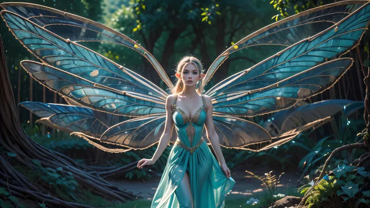 Beautiful faerie woman, elf ear, flying, hovering, floating, centered holographic dragonfly wings, balanced wings, glowing blue eyes, detailed proportional hand, proportional body, firm breast, silk tutu, frank Frazzetta painting style, (Best Quality:1.4),...