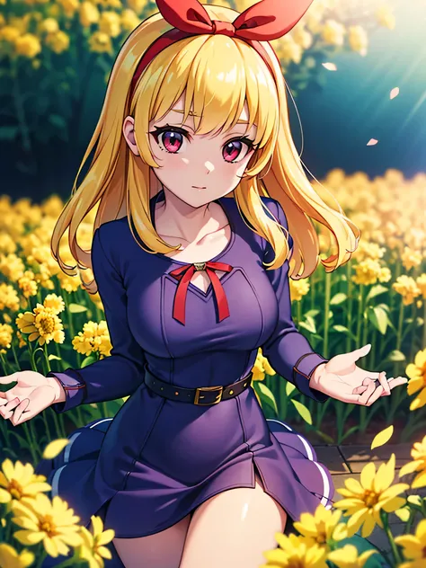 (RED Ribbon on HAIRband:1.2),Blonde HAIR,(masterpiece, best quality, highly detailed, ultra detailed, high resolution, absurdres, 4K, 8K:1.2), (official art, incredibly fine illustration, extremely detailed CG, detailed background, cinematic lighting, dyna...