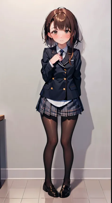 finest, masterpiece, High resolution, (Full body view from head to toe), Composition from slightly below the front, Symmetrical, 18 years old, slim and beautiful girl, alone, (small breasts), (not wearing shoes),Unkempt brown hair, bangs, (black tights), (...