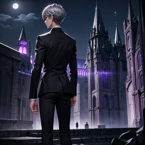 1boy, short grey hair, black eyes, wearing all black suit, castle with purple lights, midnight, dark purple lights, full moon, high res, ultrasharp, 8k, masterpiece, looking at viewer from behind