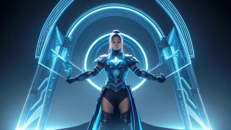 A futuristic female warrior in blue and gold attire wielding a chain weapon stands with cybernetic enhancements visible against an elaborate mechanical environment, neon accents glowing, positioned on a reflective metallic surface mirroring her stance, sur...