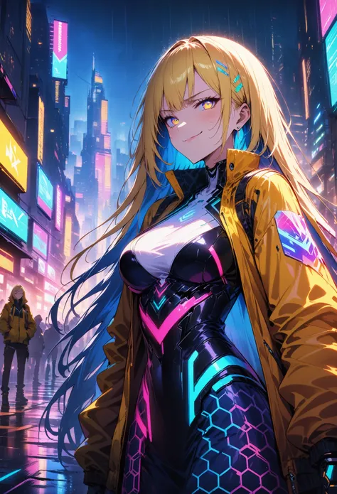 night, Colorful cyberpunk city background, rain, street, very long hair, blonde hair, blue hair highlights, red bangs, yellow bangs, shining eyes, (multicolored eyes:1.5), blue eyes, yellow eyes, large breasts, colorful (white jacket:1.5), futuristic jacke...