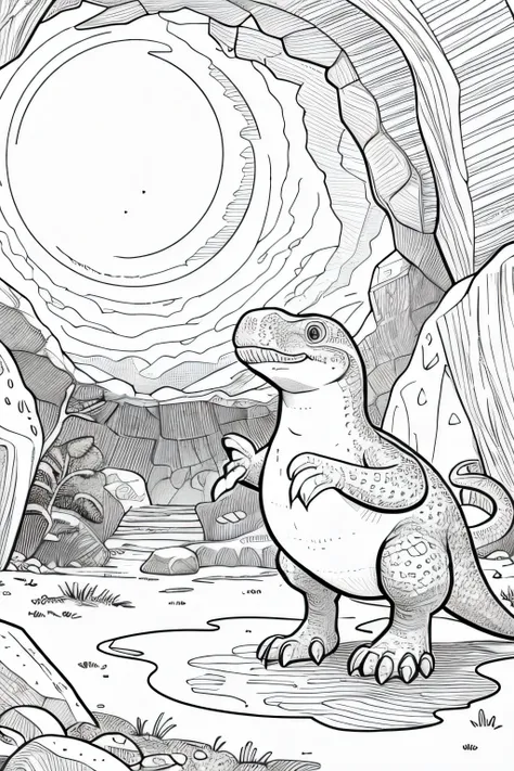 Create an illustration of a cute dinosaur exploring a cave with a flashlight for a kids coloring book. The dinosaur should be in black and white, featuring simple and clear lines suitable for coloring. The style should be friendly and appealing to children...