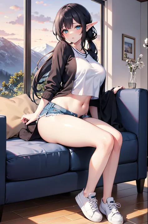 realistic image, detailed image, coherent image, 1 beautiful elf, she has very long hair, ponytail hairstyle, black hair, turquoise eyes, tired face, sweating, she is wearing some She is wearing a loose blouse, showing her navel , jean mini shorts, sneaker...