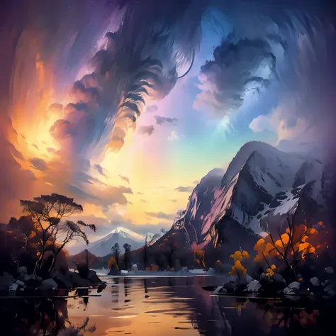 beautiful view of the mountains, orange and purple clouds at sunset, enchanting and magical.