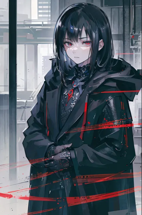 a young boy with long messy black hair, wearing a black overcoat, wearing blue oni mask, red eyes, (best quality,4k,8k,highres,masterpiece:1.2),ultra-detailed,(realistic,photorealistic,photo-realistic:1.37),sui ishida artstyle,intricate details,highly deta...