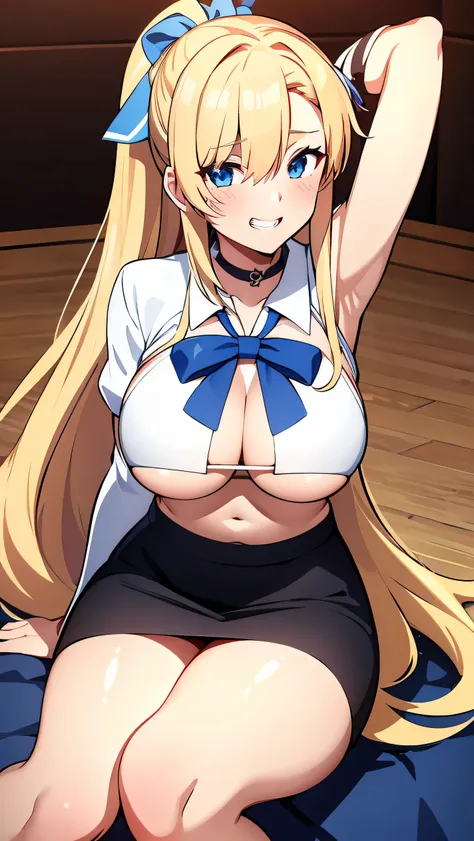 asuna ba, bow, looking at viewer, ribbon, long hair, thighs, platinum blonde hair, grin, wrist scrunchie, large breasts, hair ribbon, hair over one eye, very long hair, solo, blue eyes, 1girl, blush, black choker, cotton pencil skirt, upskirt, pantyshot, w...