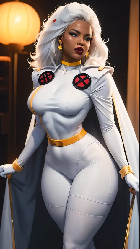 CARTOON_X_MENs_Storm,ownwaifu, Masterpiece, hd, 8k, ultra detailed, photorealistic
long hair,white hair,dark skin,dark-skinned female,breasts,lips,blue eyes,very dark skin, curvy body 1.3, big breasts 1.3, small waist, big wide hips 1.3, lipstick, white fl...