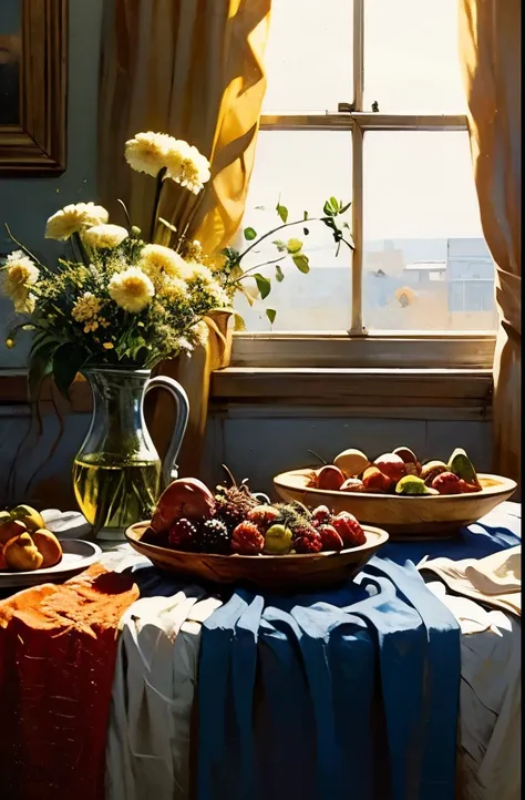 Oil painting still life, Historical indoor environment, Dark Room, Cinema Lighting, Contrast lighting, Fruits and berries on the table, Dark drape fabric, Fruits and flowers on the table