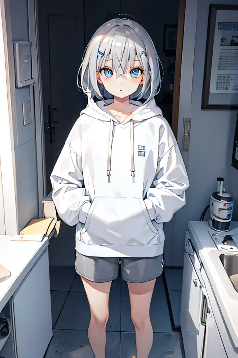 girl,Silver Hair,blue eyes,Bob,birthday,whole body,White hoodie,Grey shorts