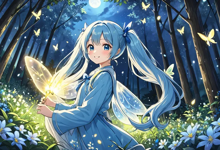 Dynamic Angle、 In the magical forest, A mysterious fairy girl appears, Light blue long hair、Her hairstyle is twin tails.、Adorable smile、Moonlight twinkle,  Flowers Bloom、wood々Flapping among the sparkling fireflies, The air resonates with the mysterious sym...