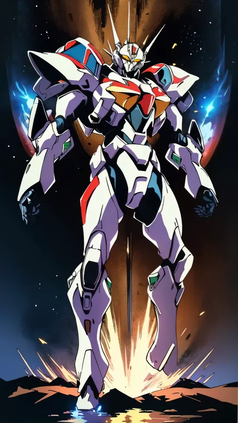 Humanoid Mecha, fully enclosed shoulder guards, matching arm and leg guards, full body, full armor, the design balances heavy with agility, (the color scheme is primarily white with red and blue accents, the concept Inspired by Super robot, organic biotech...