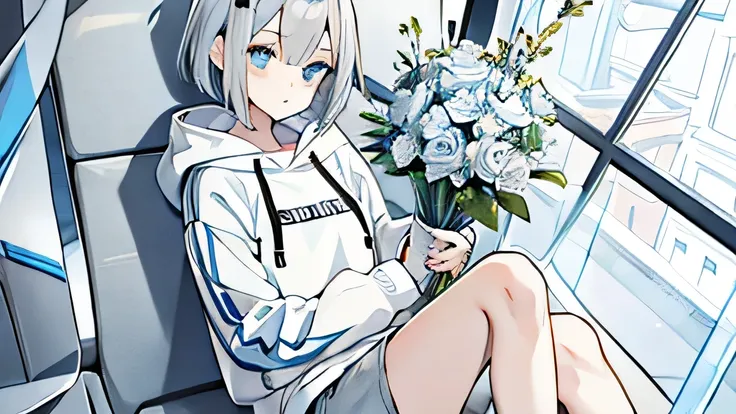 girl,Silver Hair,blue eyes,Bob,birthday,whole body,White hoodie,Grey shorts,bouquet