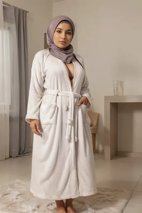 ((Best quality)), ((hijabi round elderly tight dressing gown sexy nude )), (detailed), visage parfait ((image tête aux pied)) allonger sur un lit hanche large gros sein gris cul 