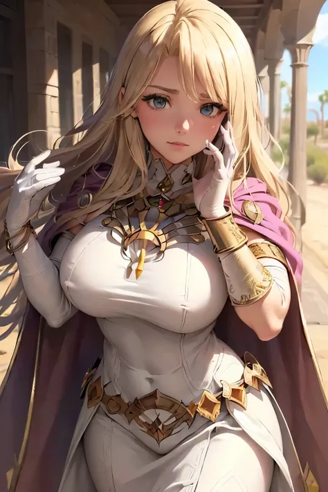 ((mysterious desert path)), (finely detailed eyes and detailed face:1.3), (extremely fine and beautiful:1.1), (Perfect details:1.1), ((gros seins)), ((jambes grasses), Elimine, Fire Emblem, gloves, white dress, elbow gloves, single glove, grey pantyhose, l...